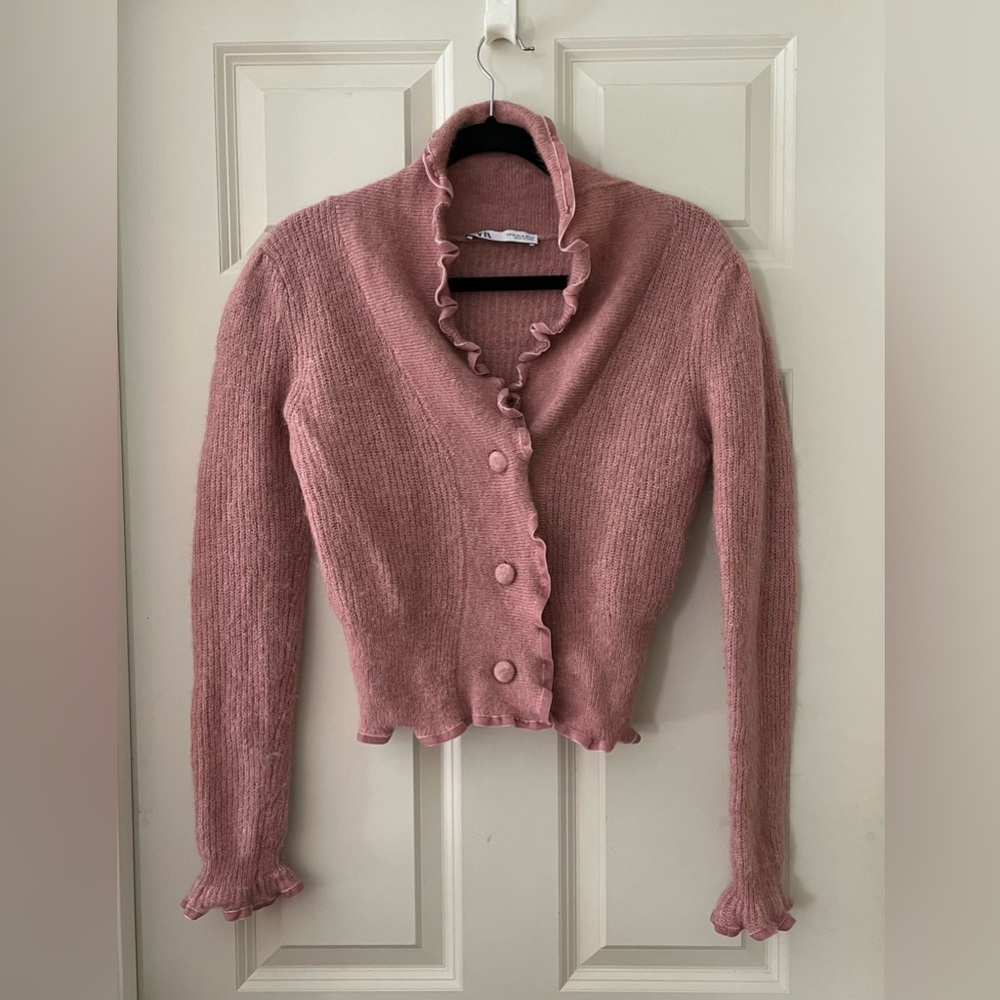 Zara Pink Alpaca Wool Knitted Cardigan Sweater with Velvet Trim Romantic size M - Picture 5 of 7